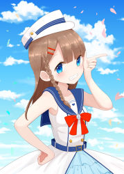 Rule 34 | 1girl, absurdres, anchor symbol, belt, blue eyes, blunt bangs, blush, braid, brooch, brown hair, day, dress, falling petals, fang, frilled dress, frills, grin, hair ornament, hairclip, hand on own hip, hand up, hat, highres, index finger raised, jewelry, long hair, looking at viewer, marine day, neckerchief, nekomura yuyuko, original, parted bangs, petals, sailor collar, sailor dress, sailor hat, side braid, sky, sleeveless, sleeveless dress, smile, solo
