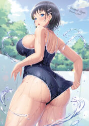 Rule 34 | 1girl, :o, adjusting clothes, adjusting swimsuit, ass, back, bare arms, bare shoulders, black hair, blue eyes, blue one-piece swimsuit, blue sky, blurry, blurry background, blush, bob cut, breasts, chromatic aberration, cloud, commentary request, competition school swimsuit, cowboy shot, day, depth of field, from side, glint, hair behind ear, hair ornament, hairclip, highres, kawase seiki, kirigaya suguha, large breasts, lens flare, looking at viewer, looking back, median furrow, one-piece swimsuit, open mouth, outdoors, paid reward available, school swimsuit, short hair, skindentation, sky, solo, standing, straight hair, strap gap, surprised, swimsuit, sword art online, teeth, thick thighs, thighs, tree, twitter username, upper teeth only, water, wet, wet hair