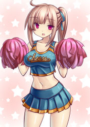 Rule 34 | 1girl, breasts, brown hair, cheerleader, clothes writing, cowboy shot, fang, hair ribbon, large breasts, light brown hair, looking at viewer, midriff, navel, open mouth, original, pom pom (cheerleading), ponytail, red eyes, ribbon, simple background, smile, solo, star (symbol), starry background, tsukumiya amane