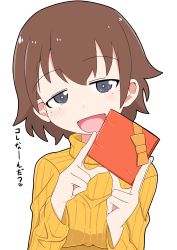 Rule 34 | 1girl, absurdres, blush, box, brown eyes, brown hair, commentary request, freckles, gift, gift box, girls und panzer, half-closed eyes, highres, holding, holding gift, long sleeves, looking at viewer, open mouth, orange shirt, ribbed shirt, shirt, short hair, simple background, smile, solo, translated, tsuchiya (girls und panzer), turtleneck, upper body, valentine, white background, yb norio