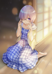 Rule 34 | 1girl, adjusting eyewear, barefoot, collarbone, dress, fate/grand order, fate (series), glasses, hair over one eye, hood, hood down, hooded jacket, jacket, light purple hair, looking at viewer, mash kyrielight, mash kyrielight (senpai killer outfit), naruse chisato, official alternate costume, plaid, plaid dress, purple eyes, shirt, short hair, short sleeves, sitting, skirt, smile, solo, wariza, yellow jacket