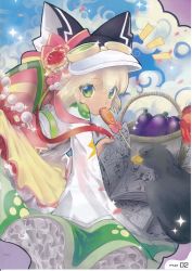 Rule 34 | 1girl, animal ears, blonde hair, candy, crop top, cyberconnect2, food, goggles, green eyes, hat, highres, lollipop, mouth hold, neptune (series), scan, short hair, solo, swirl lollipop, tail