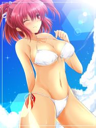 Rule 34 | 1girl, alternate costume, bikini, blue sky, blush, breasts, cleavage, cloud, collarbone, day, framed, front-tie top, hair bobbles, hair ornament, highres, large breasts, lens flare, looking at viewer, navel, nekominase, one eye closed, onozuka komachi, red eyes, red hair, short hair, side-tie bikini bottom, sky, smile, solo, strap pull, sweat, swimsuit, touhou, twintails, two side up, underboob, white bikini, wink