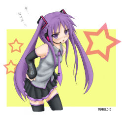 Rule 34 | 1girl, angry, bare shoulders, black thighhighs, blush, cosplay, detached sleeves, embarrassed, english text, engrish text, frown, hands on own hips, hatsune miku, hatsune miku (cosplay), headphones, hiiragi kagami, long hair, lucky star, microphone, muguru, necktie, pleated skirt, pun, purple eyes, purple hair, ranguage, skirt, solo, star (symbol), thighhighs, translated, tsurime, twintails, vocaloid, zettai ryouiki
