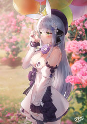 Rule 34 | 1girl, animal ears, balloon, bare shoulders, beret, black hat, blurry, blush, breasts, bush, choker, cleavage, closed mouth, commentary request, cowboy shot, day, depth of field, detached sleeves, dress, facial mark, frilled dress, frilled sleeves, frills, girls&#039; frontline, green eyes, hair ornament, hat, highres, hk416 (girls&#039; frontline), hk416 (herbal-flavored hard candy) (girls&#039; frontline), kemonomimi mode, long hair, long sleeves, medium breasts, official alternate costume, outdoors, purple choker, rabbit ears, shirosaba, signature, silver hair, smile, solo, spring (season), straight hair, strapless, strapless dress, very long hair, white dress