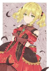 Rule 34 | 1girl, absurdres, bad id, bad pixiv id, bare shoulders, blonde hair, blush, breasts, collarbone, commentary request, dress, duffy, gem, gloves, green eyes, hair ornament, hairband, highres, idolmaster, idolmaster cinderella girls, long hair, looking at viewer, red dress, red gloves, sakurai momoka, smile, solo, two side up