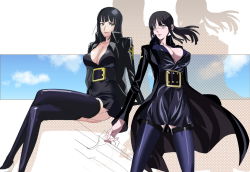 Rule 34 | 1girl, belt, black hair, breasts, brown eyes, cleavage, dual persona, glasses, large breasts, legs, crossed legs, long hair, long legs, makacoon, nico robin, one piece, one piece: strong world, sitting, thighhighs, thighs, zettai ryouiki