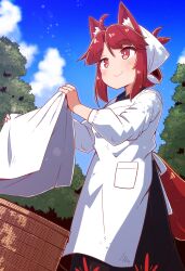 Rule 34 | 1girl, ahoge, animal ears, apron, bandana, basket, black kimono, blue sky, blush, closed mouth, cloud, commentary request, day, feet out of frame, fox girl, fox tail, from below, highres, holding, japanese clothes, kappougi, kimono, laundry, laundry basket, long hair, long sleeves, looking ahead, original, outdoors, red eyes, red hair, single hair ring, sky, smile, solo, standing, tail, tree, white apron, white bandana, yukinagi