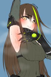 Rule 34 | 1girl, armpits, artist name, breasts, brown hair, detached sleeves, girls&#039; frontline, gloves, highres, kinglluman, large breasts, long hair, looking at viewer, m4a1 (girls&#039; frontline), m4a1 (mod3) (girls&#039; frontline), mod3 (girls&#039; frontline), multicolored hair, ribbed sweater, spread armpit, steaming body, streaked hair, sweat, sweater, yellow eyes