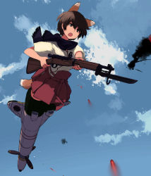 Rule 34 | 1girl, animal ears, bad id, bad pixiv id, bayonet, brown eyes, brown hair, cloud, day, female focus, flying, full body, gun, highres, japanese clothes, katou keiko, open mouth, outdoors, propeller, rifle, scarf, shibafu (glock23), short hair, sky, solo, strike witches, striker unit, tail, uniform, weapon, witches of africa, world witches series