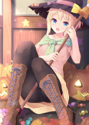 Rule 34 | 1girl, :d, black pantyhose, blonde hair, blue eyes, boots, broom, candy, collarbone, commentary request, cross-laced footwear, fang, food, halloween, hat, jack-o&#039;-lantern, knee boots, komone ushio, lace-up boots, open mouth, original, pantyhose, short hair, sitting, smile, solo, star (symbol), witch hat