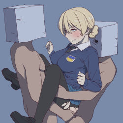 Rule 34 | 1girl, 2boys, blonde hair, blue background, blue eyes, blue sweater, blush, braid, darjeeling (girls und panzer), double penetration, faceless, faceless male, girls und panzer, group sex, hetero, highres, lifting another&#039;s clothes, lifting person, long sleeves, multiple boys, onsen tamago (hs egg), pantyhose, sandwiched, school uniform, sex, sex from behind, short hair, st. gloriana&#039;s school uniform, sweater, torn clothes, torn legwear, twin braids