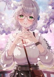 Rule 34 | 1girl, bag, between breasts, black choker, black skirt, blush, braid, breasts, cherry blossoms, choker, day, french braid, green eyes, grey hair, handbag, highres, hololive, kojaruu, large breasts, long sleeves, looking at viewer, miniskirt, off-shoulder sweater, off shoulder, official alternate costume, official alternate hairstyle, open mouth, own hands together, pink nails, plaid, plaid skirt, pleated skirt, railing, ribbed sweater, round eyewear, shirogane noel, shirogane noel (casual), short hair, skirt, smile, solo, strap between breasts, sweater, sweater tucked in, virtual youtuber, wavy hair, white sweater