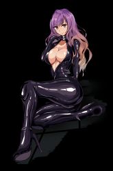 Rule 34 | 1girl, biker clothes, bikesuit, black background, black bodysuit, black footwear, bodysuit, boots, breasts, center opening, cleavage, closed mouth, commentary request, eyelashes, full body, gloves, gradient hair, happy, high heel boots, high heels, highres, hijiri byakuren, large breasts, latex, latex bodysuit, leotard, light brown hair, long hair, long sleeves, multicolored hair, purple hair, revealing clothes, simple background, skin tight, smile, thigh boots, thighhighs, touhou, turbo byakuren, two-tone hair, unzipped, volyz, wavy hair, yellow eyes