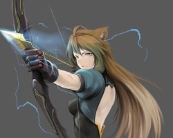 Rule 34 | 1girl, ahoge, animal ears, arrow (projectile), atalanta (fate), back, bare back, black gloves, bow (weapon), breasts, brown hair, cat ears, drawing bow, electricity, fate/apocrypha, fate (series), gloves, grey background, highres, hikichi sakuya, holding, holding bow (weapon), holding weapon, long hair, puffy sleeves, short sleeves, simple background, small breasts, solo, upper body, weapon, yellow eyes