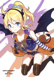 Rule 34 | 1girl, aqua scrunchie, artist name, artist request, ayase eli, bare legs, bare shoulders, belt, black gloves, black wings, blonde hair, blue dress, blue eyes, blue pants, blue shorts, blush, boots, bow, bowtie, breasts, brown belt, brown bow, brown footwear, character name, cleavage, close-up, collarbone, cross-laced footwear, dated, demon horns, demon tail, demon wings, dress, dress shirt, elbow sleeve, english text, fake demon horns, female focus, floating hair, gloves, hair between eyes, hair ornament, hair scrunchie, halloween, halloween costume, high heel boots, high heels, high ponytail, highres, horns, knee boots, long hair, looking at viewer, love live!, love live! school idol festival, love live! school idol project, medium breasts, orange skirt, orange wrist cuffs, pants, parted lips, ponytail, purple skirt, scrunchie, shirt, short shorts, shorts, shorts under skirt, skirt, smile, solo, star (symbol), star print, striped, striped bow, striped sleeves, tail, thighhighs, wings, wrist cuffs