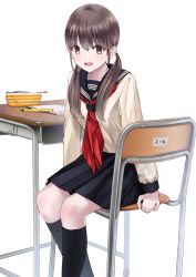 Rule 34 | 1girl, :d, bad id, bad pixiv id, barefoot, brown eyes, brown hair, chair, chikuwa (glossymmmk), chikuwa (odennabe), desk, kneehighs, long hair, looking at viewer, low twintails, mechanical pencil, name tag, neckerchief, notebook, open mouth, pencil, pencil case, school desk, school uniform, serafuku, sitting, smile, socks, solo, transparent background, twintails