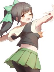 Rule 34 | 1girl, ;d, bow, brown eyes, from side, green bow, green skirt, grey hair, hair bow, highres, honmakaina kudou, kantai collection, looking at viewer, midriff, one eye closed, open mouth, outstretched arms, pantyhose, pleated skirt, ponytail, school uniform, serafuku, sidelocks, simple background, skirt, smile, solo, white background, yuubari (kancolle)