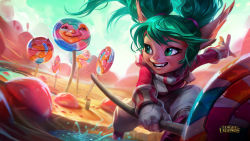 Rule 34 | 1girl, alternate costume, candy, fang, food, green eyes, green hair, highres, league of legends, lollipoppy, matching hair/eyes, official art, pointy ears, poppy (league of legends), solo, twintails