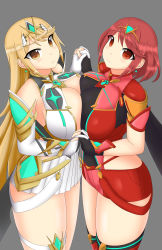Rule 34 | 2girls, absurdres, blonde hair, breast press, breasts, cleavage, cleavage cutout, clothing cutout, dual persona, elbow gloves, fingerless gloves, gem, gloves, hair ornament, headpiece, highres, holding hands, jewelry, large breasts, long hair, looking at viewer, multiple girls, mythra (xenoblade), nintendo, pyra (xenoblade), red eyes, red hair, short hair, somegu, tiara, very long hair, xenoblade chronicles (series), xenoblade chronicles 2, yellow eyes