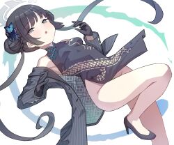 Rule 34 | 1girl, ass, black coat, black dress, black footwear, black gloves, black hair, blue archive, butterfly hair ornament, china dress, chinese clothes, coat, commentary request, double bun, dress, gloves, grey eyes, groin, hair bun, hair ornament, halo, high heels, highres, kisaki (blue archive), leaning back, long hair, long sleeves, looking at viewer, no panties, nomio, open clothes, open coat, parted lips, pelvic curtain, sidelocks, simple background, sleeveless, solo, standing, standing on one leg, twintails