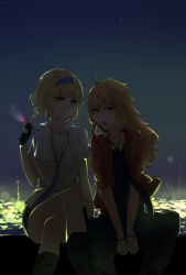 Rule 34 | 2girls, aili (aliceandoz), alice margatroid, alternate costume, backlighting, black pants, black shirt, black skirt, blonde hair, boots, braid, breasts, cigarette, city lights, cleavage, collared shirt, crossed legs, cuffs, gradient background, hairband, handcuffs, highres, kirisame marisa, knee boots, long hair, loose necktie, multiple girls, necktie, night, night sky, open clothes, open shirt, pants, red shirt, shirt, short hair, short sleeves, single braid, skirt, sky, sleeves rolled up, smoking, star (sky), touhou