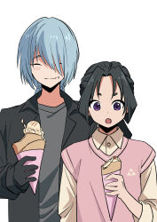 2boys absurdres black_gloves black_hair black_jacket blue_hair blush closed_eyes collared_shirt crest eating family_crest food food_on_face fubuki_(nige_jouzu_no_wakagimi) gloves grey_shirt highres houjou_tokiyuki_(nige_jouzu_no_wakagimi) ice_cream ice_cream_cone jacket light_blue_hair long_hair mado_cat02 male_focus mitsu_uroko multiple_boys nige_jouzu_no_wakagimi open_mouth pink_vest purple_eyes sharing_food shirt simple_background upper_body vest white_background white_shirt