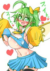 Rule 34 | 1girl, ahoge, ascot, bare shoulders, black thighhighs, blush, bow, breasts, cheering, cheerleader, covered erect nipples, daiyousei, earrings, fairy wings, green eyes, green hair, hair bow, heart, highres, huge breasts, jewelry, matching hair/eyes, midriff, miniskirt, navel, no bra, nose blush, pointy ears, pom pom (cheerleading), rindou (p41neko), side ponytail, skirt, solo, thighhighs, touhou, underboob, wings