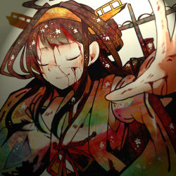Rule 34 | 10s, 1girl, bare shoulders, blood, blush, brown hair, detached sleeves, double bun, closed eyes, hair ornament, hairband, headgear, injury, itomugi-kun, japanese clothes, kantai collection, kongou (kancolle), long hair, nontraditional miko, personification, skirt, smile, solo, tears