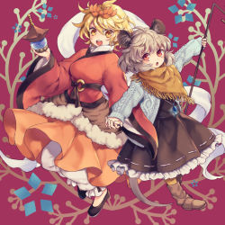 Rule 34 | 2girls, adapted costume, animal ears, aran sweater, bishamonten&#039;s pagoda, black footwear, black skirt, blonde hair, boots, brown footwear, cable knit, commentary, dowsing rod, frilled skirt, frills, full body, grey hair, hagoromo, hair ornament, hand up, holding, holding hands, interlocked fingers, jewelry, long sleeves, looking at viewer, mouse ears, mouse tail, multiple girls, nazrin, open mouth, orange skirt, pendant, pink background, red eyes, red shirt, shawl, shirt, short hair, skirt, smile, sweater, tail, tomobe kinuko, toramaru shou, touhou, wide sleeves, yellow eyes, yellow legwear