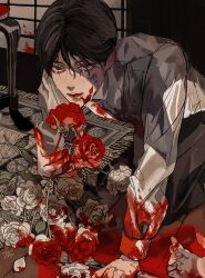 Rule 34 | 1boy, arm support, bishounen, black hair, black pants, blood, blood on clothes, blood on face, blood on ground, blood on hands, brown eyes, closed mouth, collared shirt, crying, crying with eyes open, death, dress shirt, flower, hair between eyes, highres, holding, holding flower, indoors, kagoya1219, kneeling, knife, leaning forward, long sleeves, looking at viewer, male focus, murder, original, pants, parted hair, red flower, red rose, rose, rug, sanpaku, shirt, signature, solo focus, tears, white flower, white rose, white shirt
