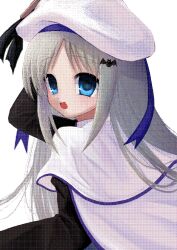 Rule 34 | 1girl, bat hair ornament, beret, black shirt, blue eyes, cloak, dithering, grey hair, hair ornament, hat, highres, little busters!, long hair, looking at viewer, nemu (zutto oyasu3), noumi kudryavka, open mouth, shirt, simple background, smile, solo, upper body, white background, white cloak, white hat