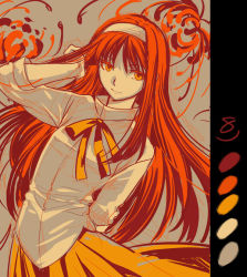 Rule 34 | 00s, 1girl, adjusting hair, color guide, dress shirt, flower, hairband, hand in own hair, limited palette, long skirt, mgk968, red hair, red skirt, ribbon, shirt, sketch, skirt, solo, spider lily, tohno akiha, tsukihime