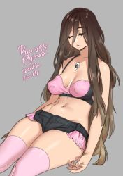 Rule 34 | 1girl, agawa ryou, artist name, bare shoulders, black shorts, bra, breasts, brown hair, cleavage, closed eyes, collarbone, commentary, dated, english commentary, grey background, hair between eyes, long bangs, long hair, navel, original, parted lips, pink bra, pink thighhighs, short shorts, shorts, signature, simple background, sleeping, small breasts, solo, stomach, thighhighs, underwear