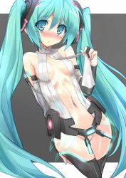 Rule 34 | 1girl, aqua hair, bad id, bad pixiv id, bare shoulders, eeeeee, hatsune miku, hatsune miku (append), jpeg artifacts, long hair, navel, no panties, solo, thighhighs, twintails, vocaloid, vocaloid append