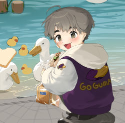 Rule 34 | 1boy, absurdres, bird, bread, bread slice, child, chinese commentary, commentary request, day, duck, eating, fed by viewer, feeding, food, force-feeding, highres, jjongjjongmk2, male focus, morning, open mouth, original, outdoors, short hair, sitting, smile, water