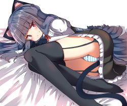 Rule 34 | 1girl, animal ears, animal hands, ass, bed sheet, black gloves, black hair, black skirt, black thighhighs, blunt bangs, blush, cat ears, cat tail, closed mouth, crotch seam, feet out of frame, frilled skirt, frills, garter straps, gloves, highres, idolmaster, idolmaster cinderella girls, idolmaster cinderella girls starlight stage, juliet sleeves, long hair, long sleeves, looking at viewer, lying, no shoes, on side, panties, paw gloves, puffy sleeves, red eyes, sajo yukimi, shirt, skirt, smile, solo, striped clothes, striped panties, tail, thighhighs, trefoil, umberblack, underwear, very long hair, white background, white shirt
