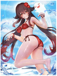 Rule 34 | 1girl, absurdres, alternate ass size, alternate costume, ass, bare shoulders, barefoot, bikini, black nails, blush, breasts, brown hair, genshin impact, ghost, grin, hair ornament, highres, hu tao (genshin impact), long hair, looking at viewer, looking down, medium breasts, nail polish, red bikini, red eyes, shiny clothes, shiny skin, smile, sukoyaka93, swimsuit, thighs, twintails, very long hair, water, wet, wet clothes, wet hair