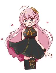 Rule 34 | 1girl, antenna hair, artist name, bare shoulders, black dress, black thighhighs, blue eyes, breasts, commentary, cowboy shot, cropped legs, dress, hair ornament, heart, lace-up thighhighs, light blush, long hair, looking at viewer, medium breasts, megurine luka, open mouth, pink hair, sleeveless, sleeveless dress, smile, solo, standing, thighhighs, very long hair, vocaloid, white background, zuu100lev