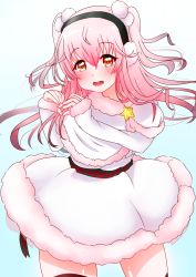 Rule 34 | 1girl, aki sakura, alternate hairstyle, blush, breasts, capelet, earmuffs, fur trim, heart, heart hands, highres, large breasts, long hair, long sleeves, looking at viewer, nitroplus, open mouth, pink hair, red eyes, smile, solo, super sonico, thighhighs, twintails