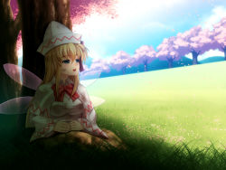 Rule 34 | 1girl, bad id, bad pixiv id, blonde hair, blue eyes, cherry blossoms, fairy wings, hat, ketsushi, lily white, solo, touhou, tree shade, wings