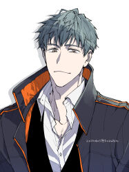 Rule 34 | 1boy, black suit, blue hair, blue jacket, collarbone, collared coat, collared shirt, dated, fate/grand order, fate (series), formal, grey eyes, highres, jacket, kainohito, looking at viewer, male focus, saitou hajime (fate), shirt, short hair, signature, simple background, smile, solo, suit, upper body, white background, white shirt
