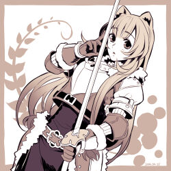 Rule 34 | 1girl, animal ears, armor, belt, border, breastplate, brown border, brown hair, check clothing, commentary request, cosplay, dated, fur-trimmed collar, fur-trimmed gloves, fur trim, gloves, hand up, highres, holding, holding sword, holding weapon, iwatani naofumi, iwatani naofumi (cosplay), leather, leather gloves, long hair, long sleeves, looking at viewer, minami seira, monochrome, open mouth, outside border, raccoon ears, raccoon girl, raphtalia, sepia, sidelocks, solo, sword, tate no yuusha no nariagari, upper body, weapon, white background