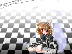 Rule 34 | 1girl, angel, blush, checkered floor, feathers, frills, halo, maid, perspective, red eyes, solo, utamaro, wings