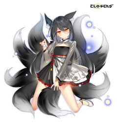 Rule 34 | 1girl, alternate hair color, animal ear fluff, animal ears, ankle bell, black dress, black footwear, black hair, black sleeves, black tail, claw pose, cleavage cutout, closers, clothing cutout, copyright name, dot mouth, dress, expressionless, fingernails, flat chest, fox ears, fox girl, fox tail, full body, hand up, head tilt, highres, kitsune, kneeling, kyuubi, layered dress, light particles, logo, long fingernails, long hair, long sleeves, looking at viewer, low twintails, multiple tails, no pupils, official art, orange eyes, see-through, see-through sleeves, solo, tachi-e, tail, tina (closers), twintails, two-tone dress, white background, white dress
