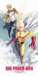 Rule 34 | 2014, 2boys, artist name, bald, black eyes, black sclera, blonde hair, cape, clenched hands, colored sclera, copyright name, cyborg, dated, genos, highres, male focus, multiple boys, one-punch man, saitama (one-punch man), serious, smz heng, superhero costume, watermark, web address, yellow eyes