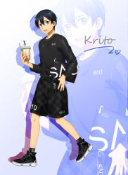 Rule 34 | 1boy, black eyes, black hair, black shirt, black shorts, black socks, character name, cup, drink, drinking straw, fcc (fengcheche), fingernails, hair between eyes, highres, holding, holding cup, kirito, long sleeves, looking at viewer, male focus, official style, open mouth, print shirt, shirt, shoes, shorts, sneakers, socks, solo, sword art online, teeth, thumb in pocket, upper teeth only