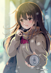 Rule 34 | 1girl, :d, artist name, bag, blurry, blush, brown eyes, brown hair, brown scarf, can, canned coffee, day, depth of field, drink can, hair between eyes, hand up, highres, holding, holding can, long hair, looking at viewer, md5 mismatch, offering drink, open mouth, original, outdoors, plaid, plaid scarf, resolution mismatch, scarf, school uniform, shoulder bag, smile, snow, solo, sweater, tareme, winter, yuuka nonoko