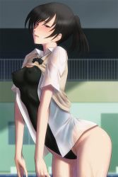 Rule 34 | 1girl, amagami, beige sweater vest, black bow, black bowtie, black hair, black ribbon, blush, bonnie (rsg), bottomless, bow, bowtie, breasts, brown sweater vest, cleavage, clothes lift, commentary, competition swimsuit, covered erect nipples, cowboy shot, dress shirt, groin, half-closed eyes, leaning forward, looking at viewer, medium breasts, medium hair, one-piece swimsuit, open clothes, open shirt, parted lips, ponytail, poolside, railing, raised eyebrows, ribbon, see-through, shirt, solo, sweater, sweater lift, sweater vest, swept bangs, swimsuit, swimsuit under clothes, tsukahara hibiki, unbuttoned, wet, wet clothes