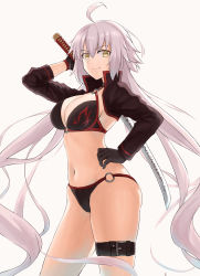 Rule 34 | 1girl, ahoge, bikini, black bikini, black choker, black gloves, black jacket, breasts, choker, fate/grand order, fate (series), gloves, hair between eyes, hand on own hip, highres, holding, holding sword, holding weapon, jacket, jeanne d&#039;arc alter (swimsuit berserker) (fate), jeanne d&#039;arc (fate), jeanne d&#039;arc alter (fate), jeanne d&#039;arc alter (swimsuit berserker) (fate), katana, large breasts, long hair, looking at viewer, m kong, o-ring, o-ring bikini, o-ring bottom, o-ring top, shrug (clothing), silver hair, smile, smirk, solo, standing, swimsuit, sword, thigh strap, very long hair, weapon, white background, yellow eyes
